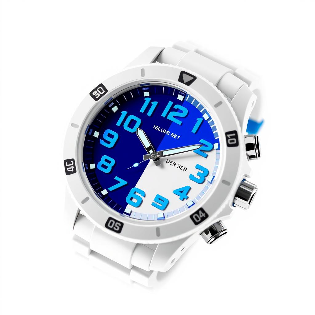 A sleek and modern sports watch with a bold blue and white color scheme