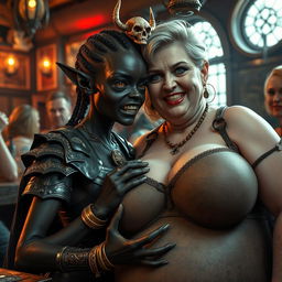 In a lively medieval bar, a captivating scene features a young African woman, aged 20, who is remarkably short and malnourished