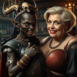 In a lively medieval bar, a captivating scene features a young African woman, aged 20, who is remarkably short and malnourished