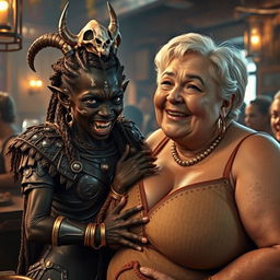 In a lively medieval bar, a captivating scene features a young African woman, aged 20, who is remarkably short and malnourished