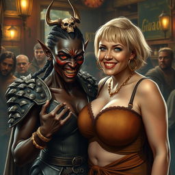 Inside a bustling medieval bar, an intense scene presents a young African woman, 20 years old, who is visibly short and malnourished