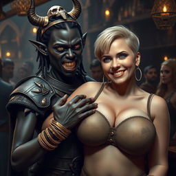 Inside a bustling medieval bar, an intense scene presents a young African woman, 20 years old, who is visibly short and malnourished