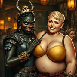 Inside a bustling medieval bar, an intense scene presents a young African woman, 20 years old, who is visibly short and malnourished