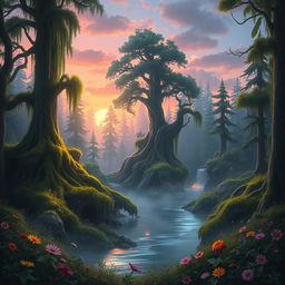 A beautifully atmospheric fantasy landscape featuring a vast, enchanted forest under a twilight sky
