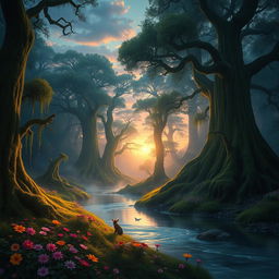 A beautifully atmospheric fantasy landscape featuring a vast, enchanted forest under a twilight sky