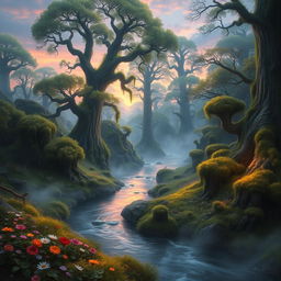 A beautifully atmospheric fantasy landscape featuring a vast, enchanted forest under a twilight sky