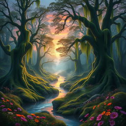 A beautifully atmospheric fantasy landscape featuring a vast, enchanted forest under a twilight sky