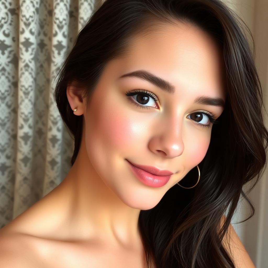 A young woman with fair, warm skin, dark and expressive eyes, and a subtle smile