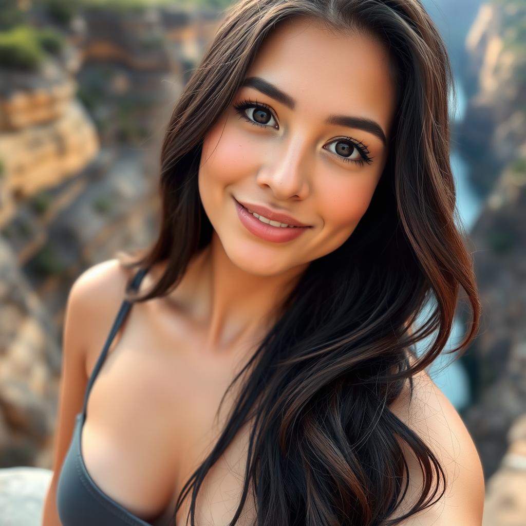 A young woman with fair, warm skin, dark and expressive eyes, and a subtle smile