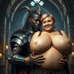 Inside a majestic medieval castle, a striking scene showcases a young African woman, 20 years old, who is notably short and malnourished