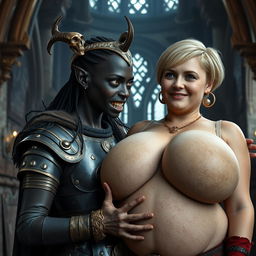 Inside a majestic medieval castle, a striking scene showcases a young African woman, 20 years old, who is notably short and malnourished