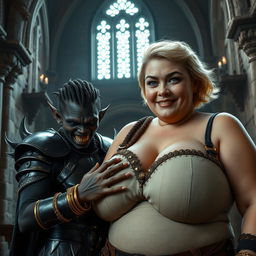 Inside a majestic medieval castle, a striking scene showcases a young African woman, 20 years old, who is notably short and malnourished