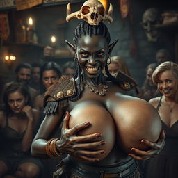 Inside a medieval bar filled with a vibrant crowd of prostitutes, a dramatic scene unfolds featuring a young African woman, 20 years old, with a short and malnourished physique