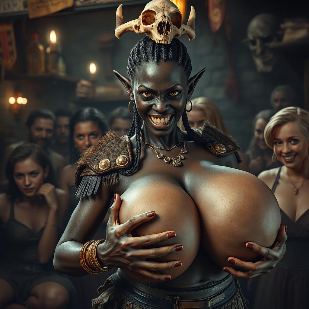 Inside a medieval bar filled with a vibrant crowd of prostitutes, a dramatic scene unfolds featuring a young African woman, 20 years old, with a short and malnourished physique