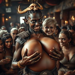 Inside a medieval bar filled with a vibrant crowd of prostitutes, a dramatic scene unfolds featuring a young African woman, 20 years old, with a short and malnourished physique