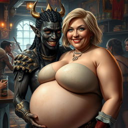 Inside a bustling medieval bar filled with lively prostitutes, an intense scene unfolds featuring a young African woman, 20 years old, who is remarkably short and malnourished