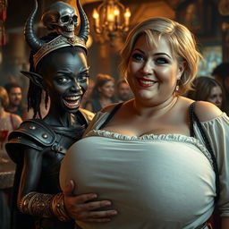 Inside a bustling medieval bar filled with lively prostitutes, an intense scene unfolds featuring a young African woman, 20 years old, who is remarkably short and malnourished