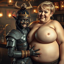 In a lively medieval bar filled with an array of prostitutes, a dramatic scene unfolds featuring a young African woman, 20 years old, who is notably short and malnourished