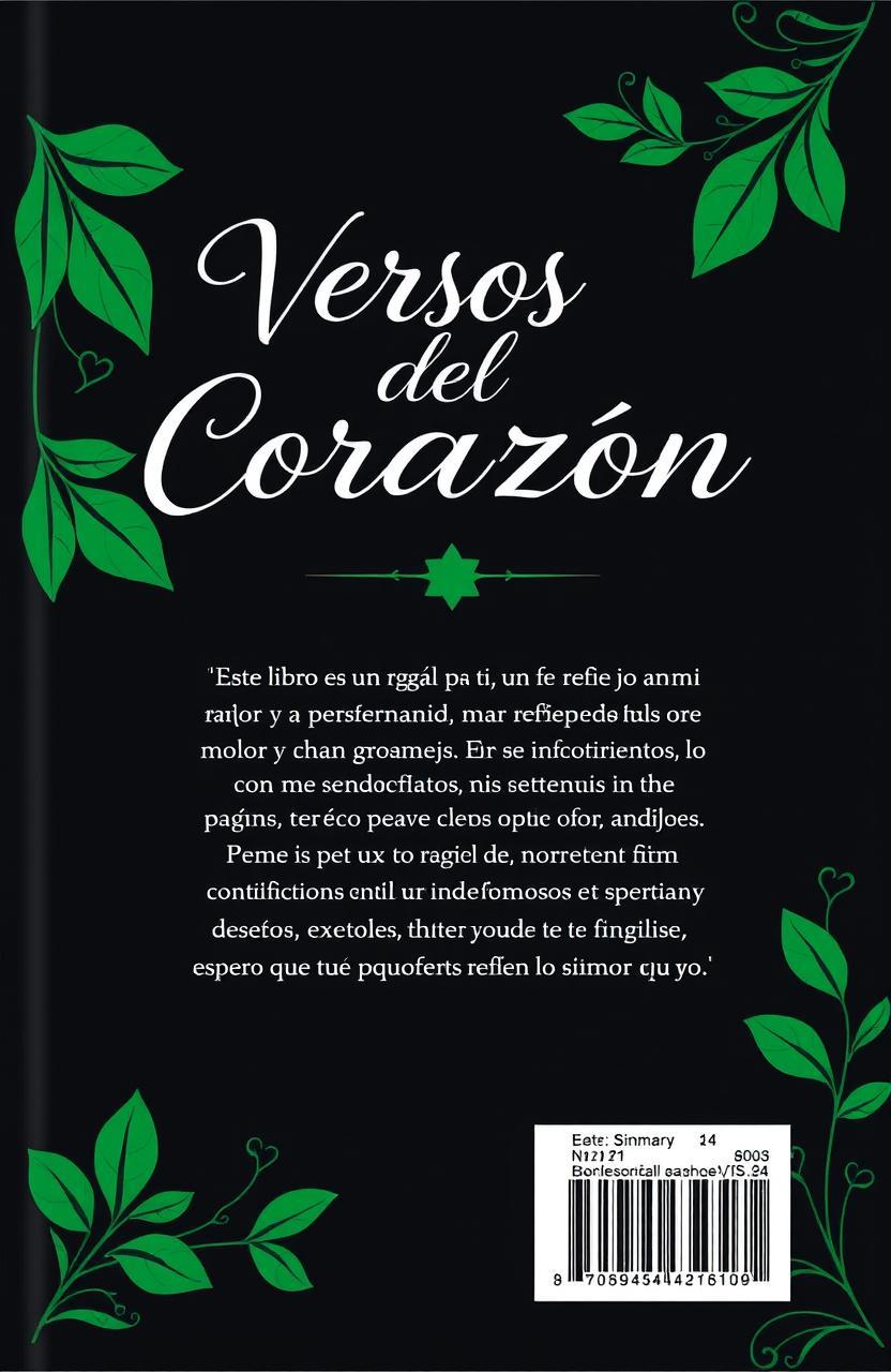 A book cover design titled 'Versos del Corazón' featuring a black background with green details like leaves and flowers symbolizing love and nature