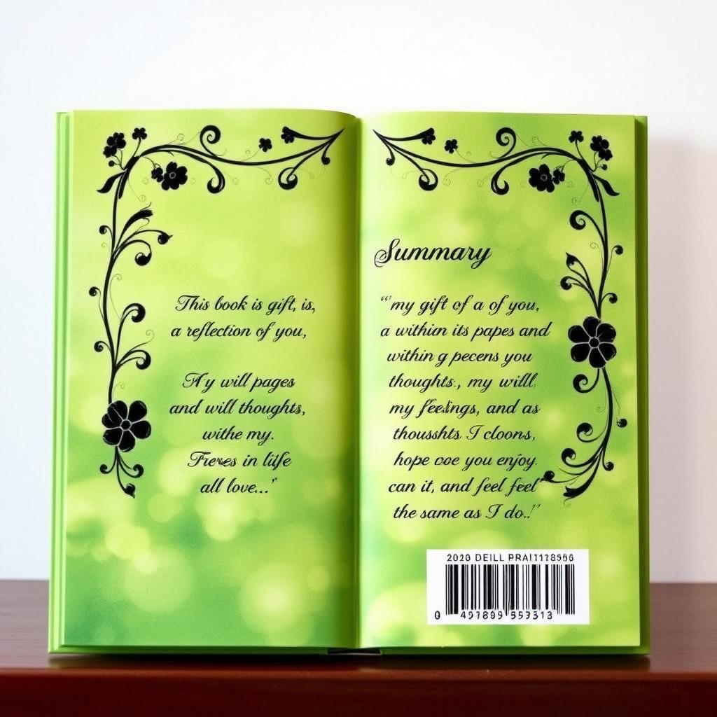 A book cover back design featuring a lush green background embellished with delicate black details, symbolizing harmony and balance