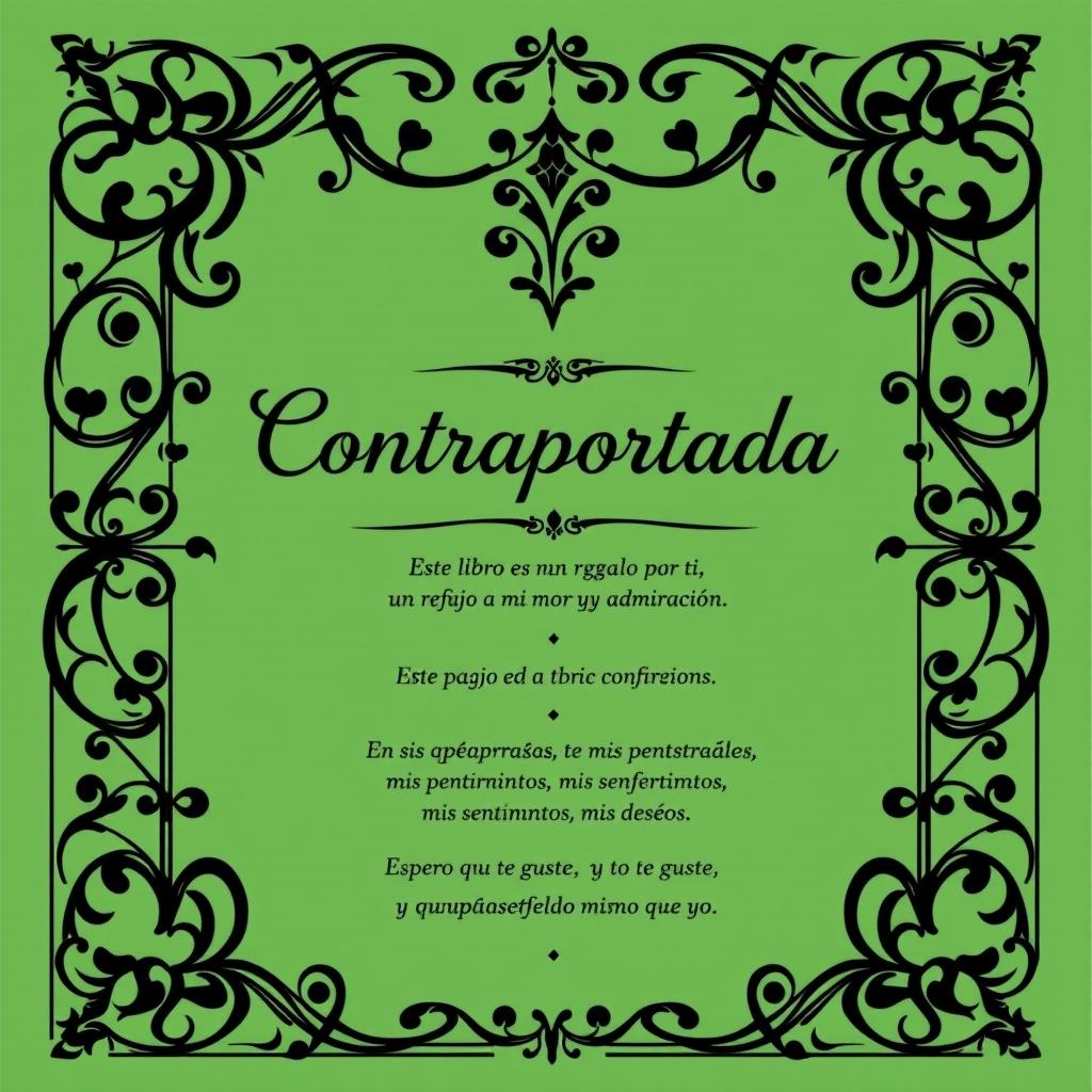 A book cover titled 'Contraportada', featuring a green background with intricate black details that symbolize harmony and balance