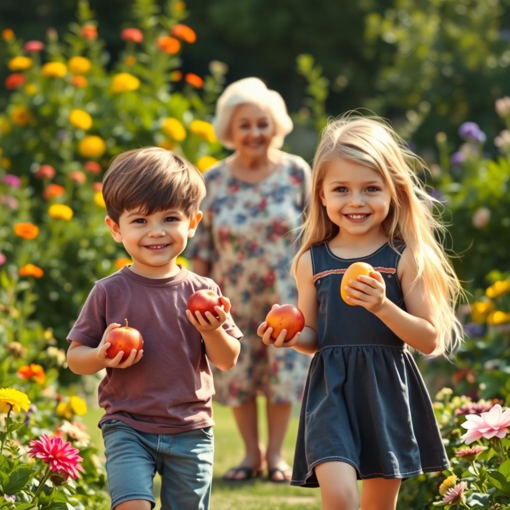 A heartwarming scene depicting two children, a boy named Luca with short brown hair and a girl named Anna with long blonde hair, leaving a beautiful garden with vibrant fruits in their hands, smiling joyfully