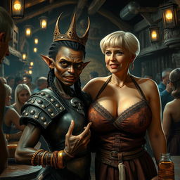Inside a medieval tavern bustling with activity, featuring a young, very short, malnourished African woman, around 20 years old, with very dark skin, anemic eyes, and a fierce, demonic expression