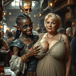 Inside a medieval tavern bustling with activity, featuring a young, very short, malnourished African woman, around 20 years old, with very dark skin, anemic eyes, and a fierce, demonic expression