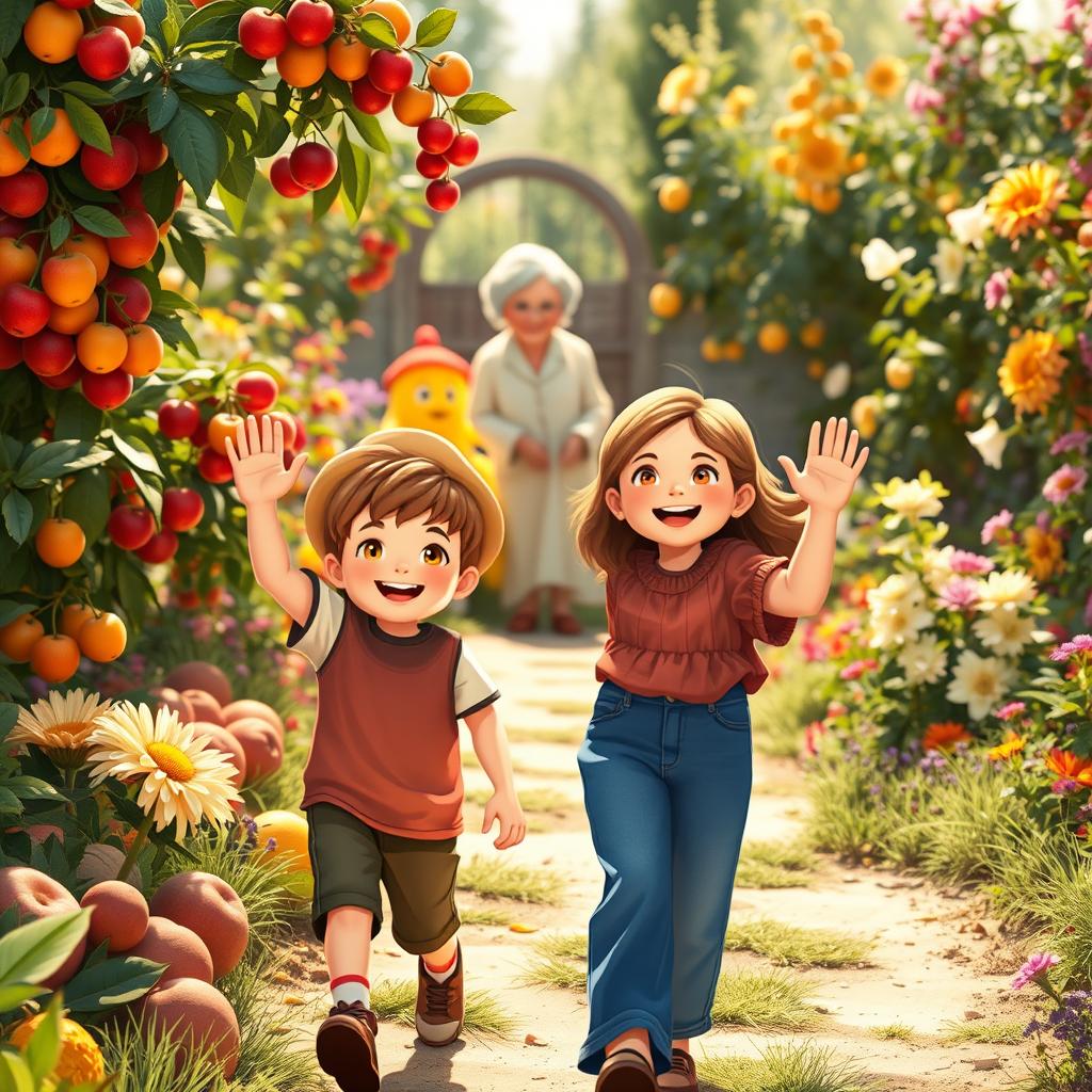 A heartwarming scene depicting two transforming children, Luca and Anna, walking away from a colorful garden filled with ripe fruits and vibrant flowers, their faces radiating joy and newfound wisdom