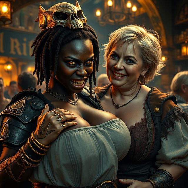 Inside a bustling medieval bar, a vividly striking scene unfolds featuring a young African woman, 20 years old, with deep black skin, sharp yellowish-red eyes, and an intimidating fierce expression, exhibiting lion-like sharp teeth