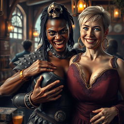 Inside a bustling medieval bar, a vividly striking scene unfolds featuring a young African woman, 20 years old, with deep black skin, sharp yellowish-red eyes, and an intimidating fierce expression, exhibiting lion-like sharp teeth