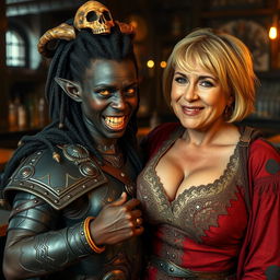 Inside a medieval bar, a captivating scene unfolds featuring a young African woman, 20 years old, with deep black skin and striking yellowish-red eyes, embodying a demonic and fierce character