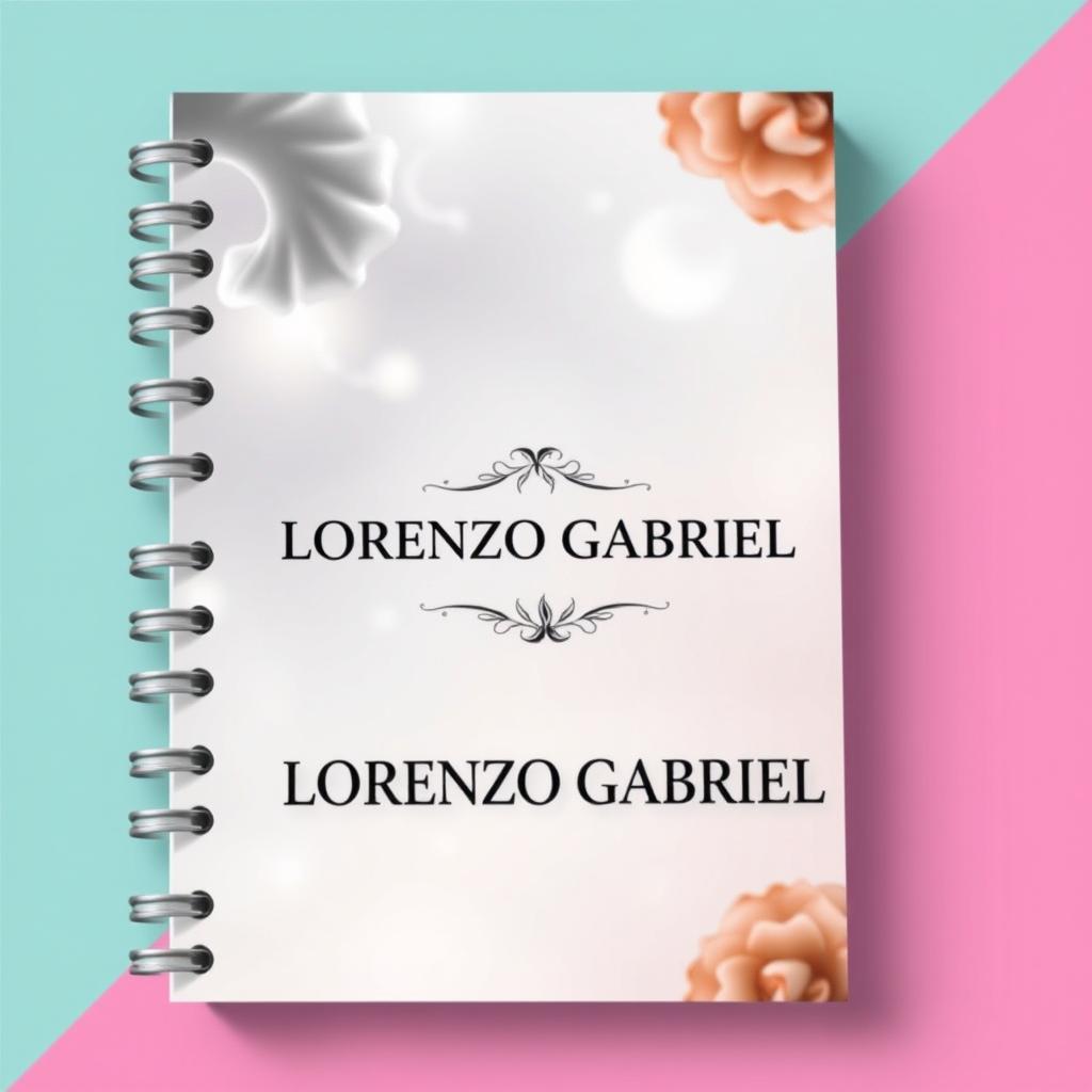 Create a personalized notebook cover design featuring a central image (not specified) with the name 'LORENZO GABRIEL' elegantly integrated into the design