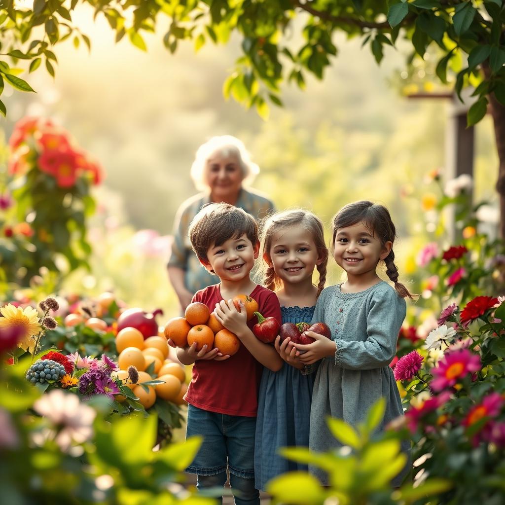 A heartwarming scene depicting the transformation of two children, Luca and Anna, as they leave an old woman's garden filled with an assortment of colorful fruits and vibrant flowers
