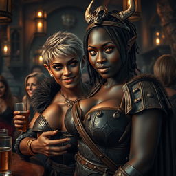 In a bustling medieval bar, the scene is alive with energy featuring a young African woman, 20 years old, with deep black skin and intense yellowish-red eyes that hint at a demonic nature
