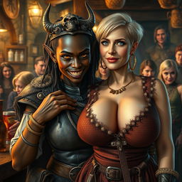 In a bustling medieval bar, the scene is alive with energy featuring a young African woman, 20 years old, with deep black skin and intense yellowish-red eyes that hint at a demonic nature