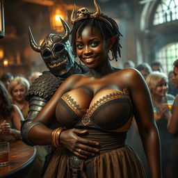 In a bustling medieval bar, the scene is alive with energy featuring a young African woman, 20 years old, with deep black skin and intense yellowish-red eyes that hint at a demonic nature