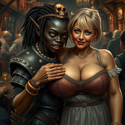 In a bustling medieval bar, the scene is alive with energy featuring a young African woman, 20 years old, with deep black skin and intense yellowish-red eyes that hint at a demonic nature