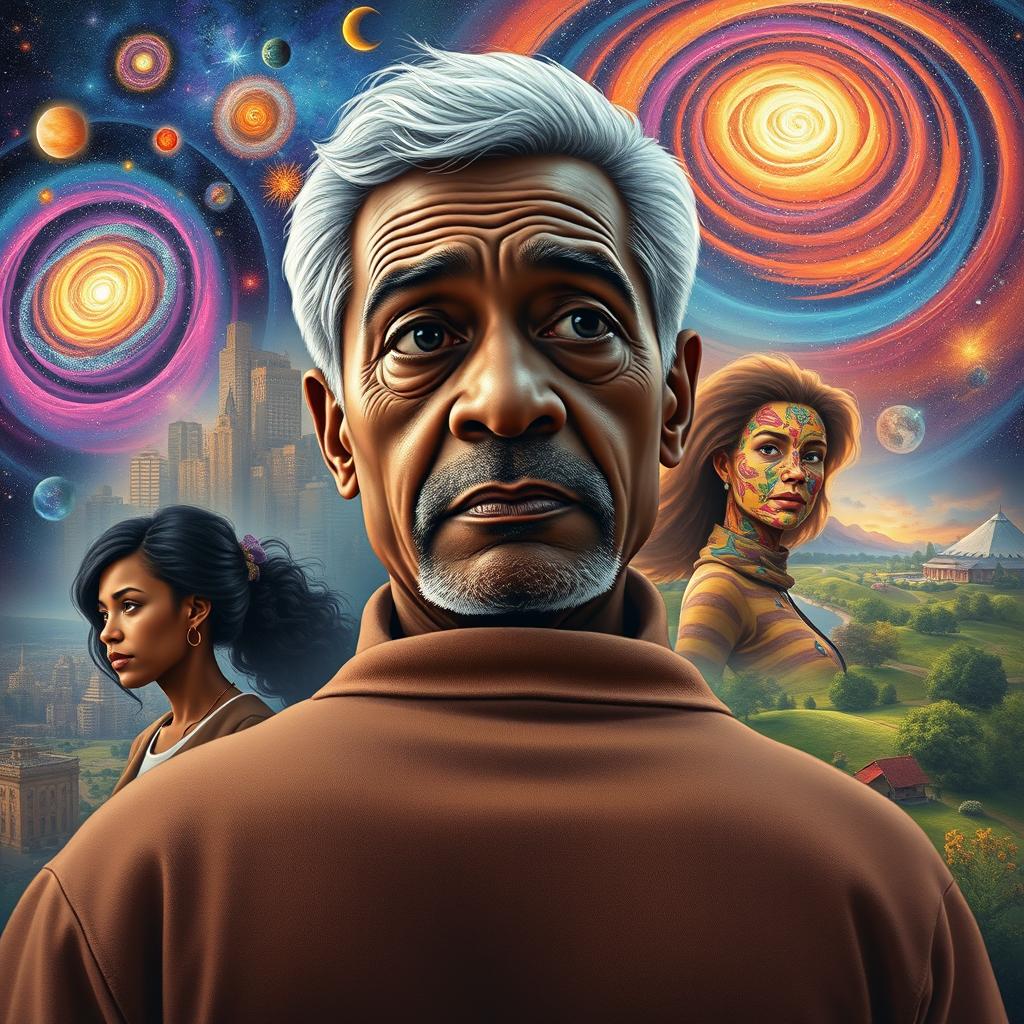 An elderly African-American man observing different versions of his daughter throughout various multiverse scenarios