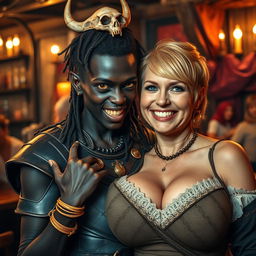 Inside a lively medieval bar, a captivating scene is set with a young African woman, 20 years old, displaying deep black skin and striking yellowish-red eyes that give her a demonic expression