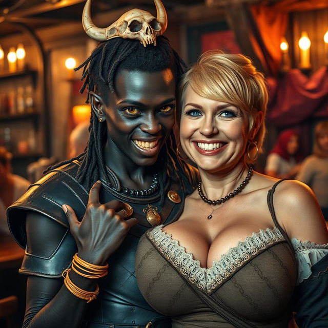 Inside a lively medieval bar, a captivating scene is set with a young African woman, 20 years old, displaying deep black skin and striking yellowish-red eyes that give her a demonic expression