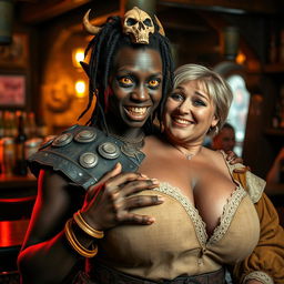 Inside a lively medieval bar, a captivating scene is set with a young African woman, 20 years old, displaying deep black skin and striking yellowish-red eyes that give her a demonic expression