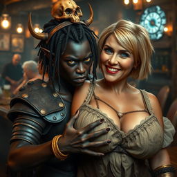 In a medieval bar filled with life, an intriguing scene portrays a young African woman, 20 years old, embodying a demonic presence with her deep black skin and striking yellowish-red eyes