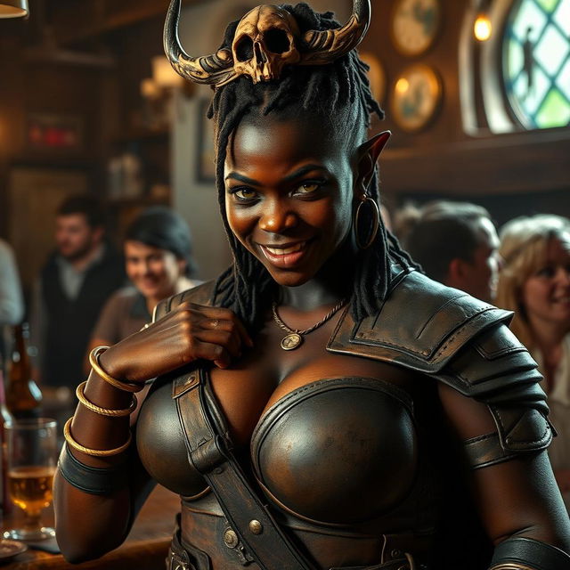 In a medieval bar filled with life, an intriguing scene portrays a young African woman, 20 years old, embodying a demonic presence with her deep black skin and striking yellowish-red eyes