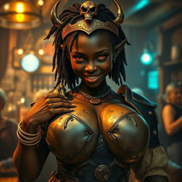 Inside a lively medieval bar, a striking scene unfolds featuring a young African woman, 20 years old, with deep black skin and hauntingly yellowish-red eyes, which lend her a demonic air