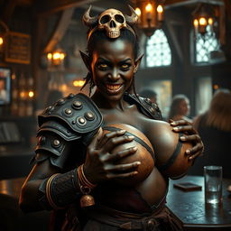 Inside a lively medieval bar, a striking scene unfolds featuring a young African woman, 20 years old, with deep black skin and hauntingly yellowish-red eyes, which lend her a demonic air