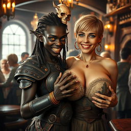 Inside a lively medieval bar, a striking scene unfolds featuring a young African woman, 20 years old, with deep black skin and hauntingly yellowish-red eyes, which lend her a demonic air
