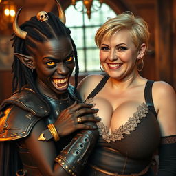 In a medieval brothel, a striking and imaginative scene features a young African woman, 20 years old, with deep black skin and eerie yellowish-red eyes, giving her a demonic look