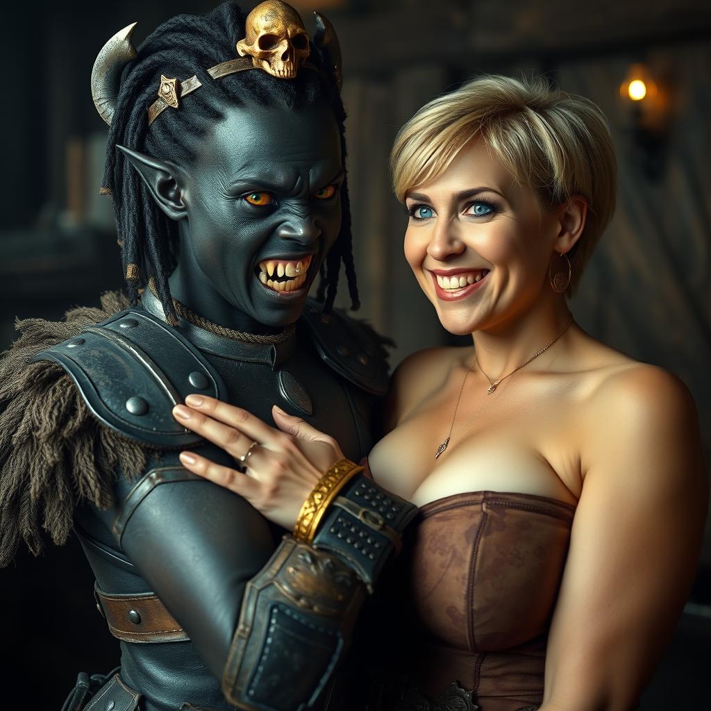 In a medieval brothel, a striking and imaginative scene features a young African woman, 20 years old, with deep black skin and eerie yellowish-red eyes, giving her a demonic look