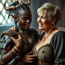 In a vivid medieval brothel setting, a striking and imaginative scene features a young African woman, 20 years old, with deep black skin and mysterious yellowish-red eyes, giving her a demonic appearance